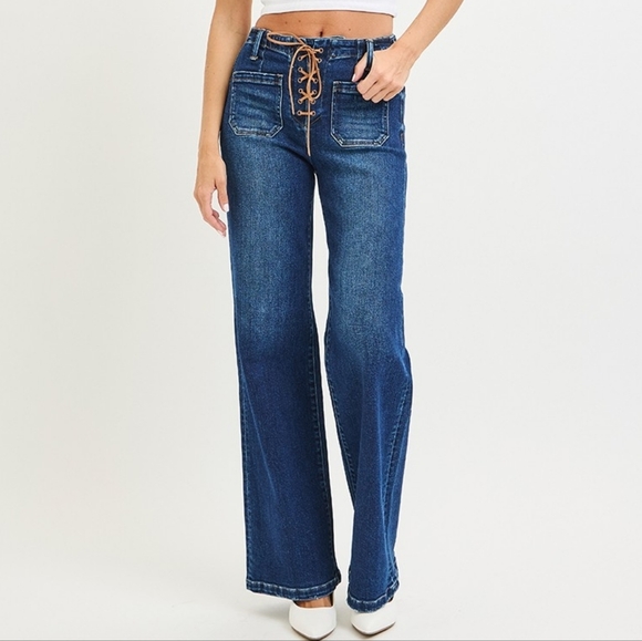 Lovely Rosetta Denim - Women's Blue Wide Leg Front Tie Detail Jeans